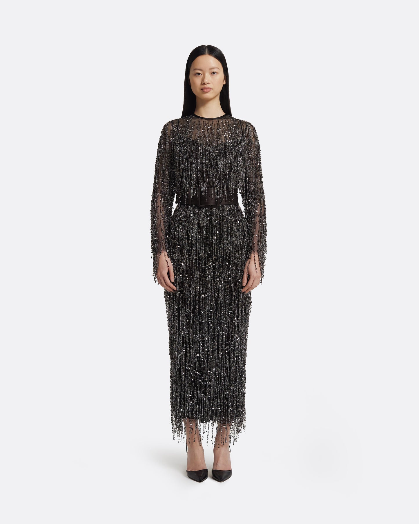 Lyran Midi Dress in Peat Brown on Black with Gunmetal