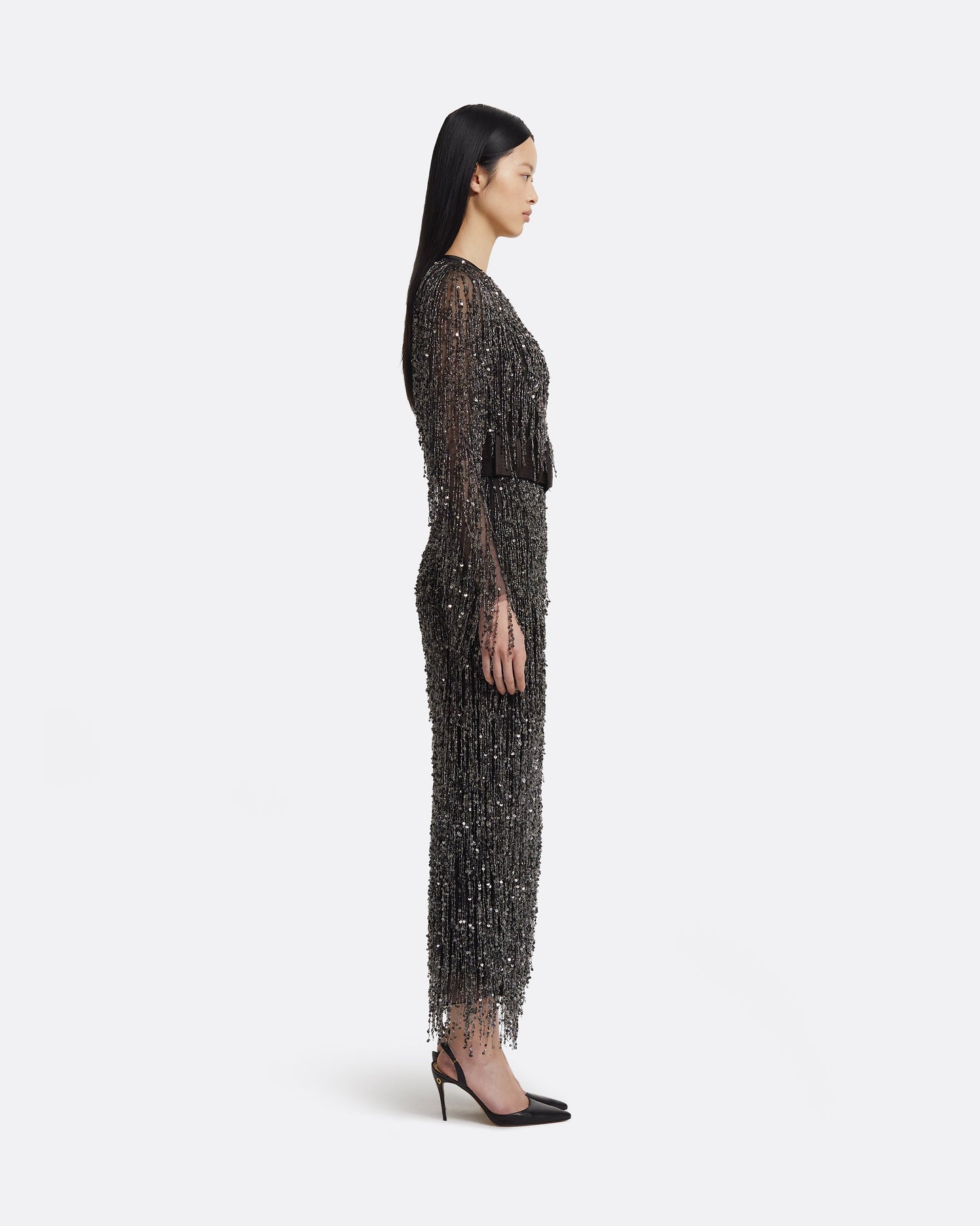 Lyran Midi Dress in Peat Brown on Black with Gunmetal