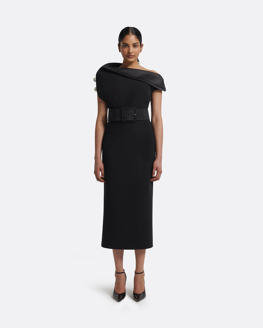 Reina Midi Dress in Black with Crystal and Belt