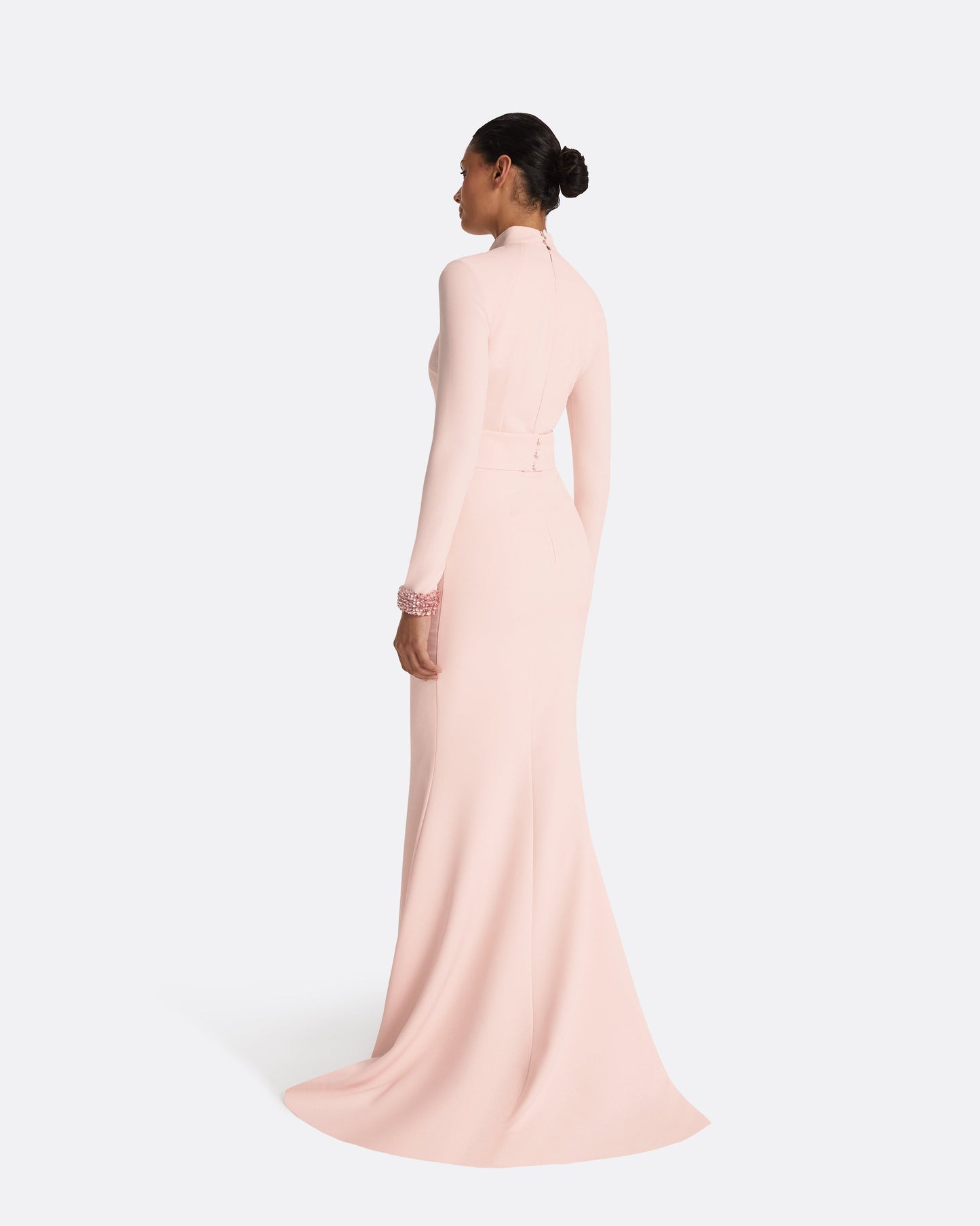 Kamala Pale Pink & Curled Leaf Embroidery Long Dress