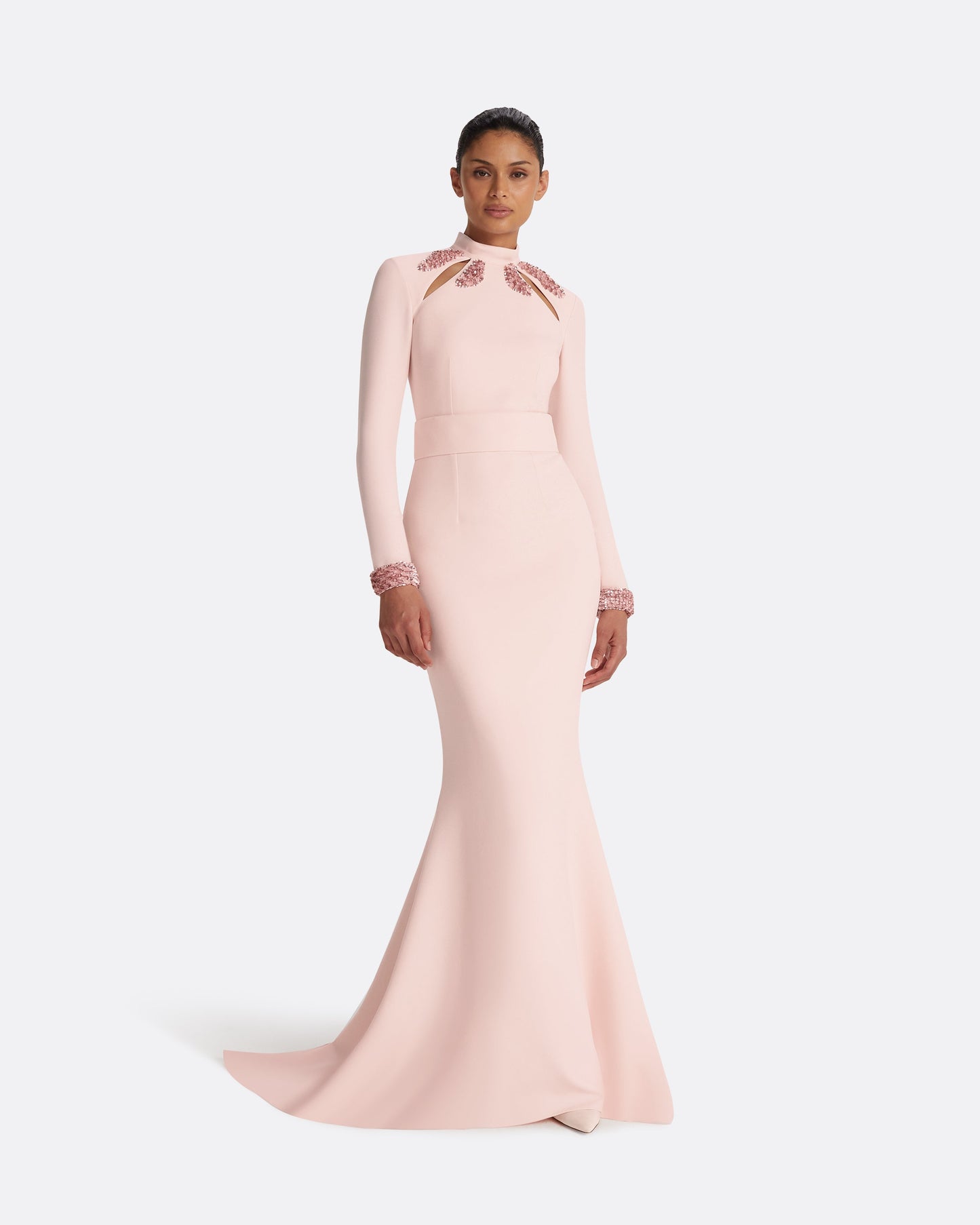 Kamala Pale Pink & Curled Leaf Embroidery Long Dress