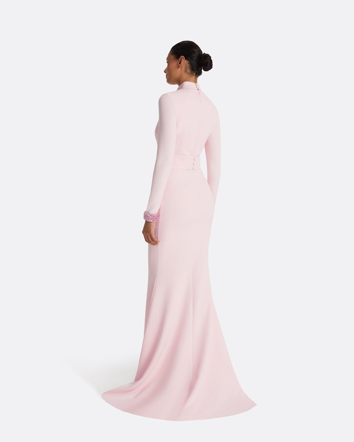 Kamala Pale Pink & Curled Leaf Embroidery Long Dress