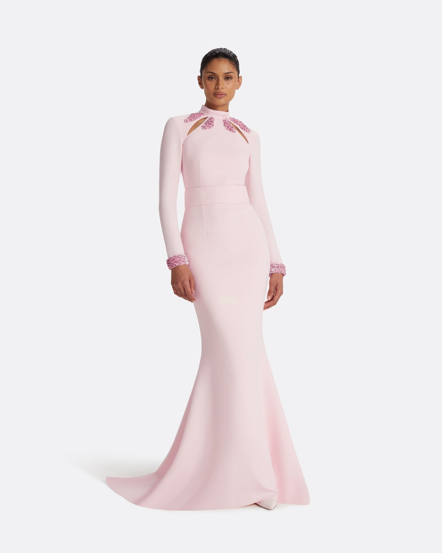 Kamala Pale Pink & Curled Leaf Embroidery Long Dress