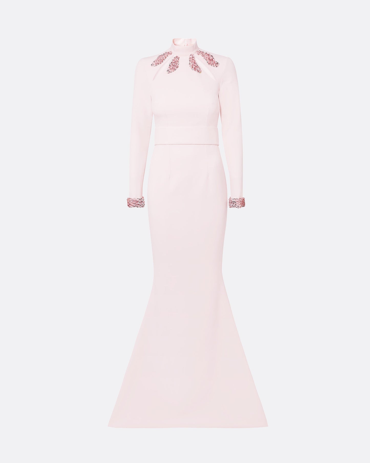 Kamala Pale Pink & Curled Leaf Embroidery Long Dress