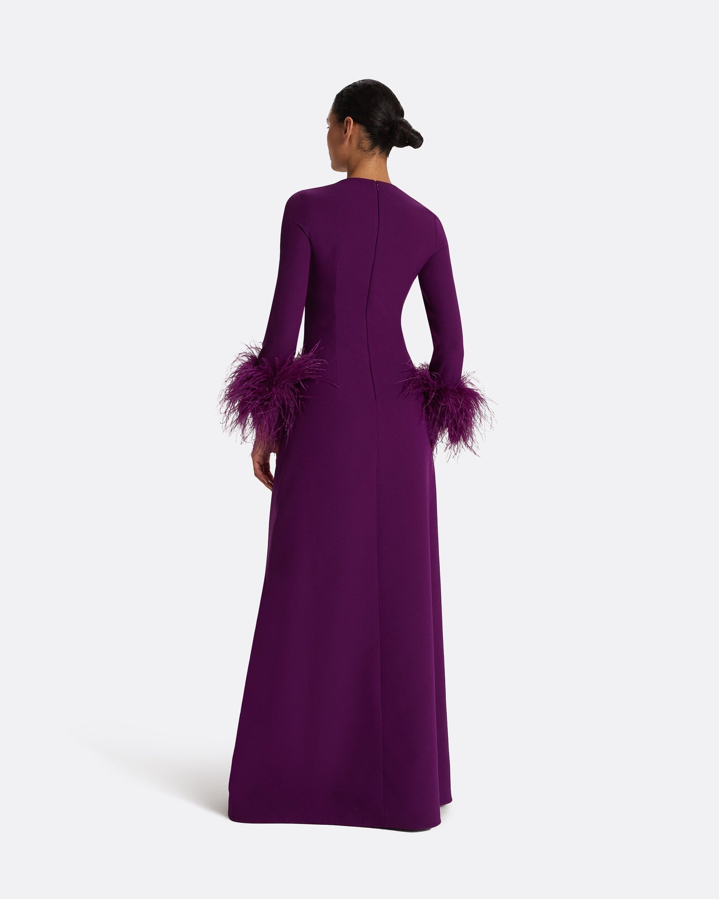 Renalla Currant Feather-Trimmed Long Dress