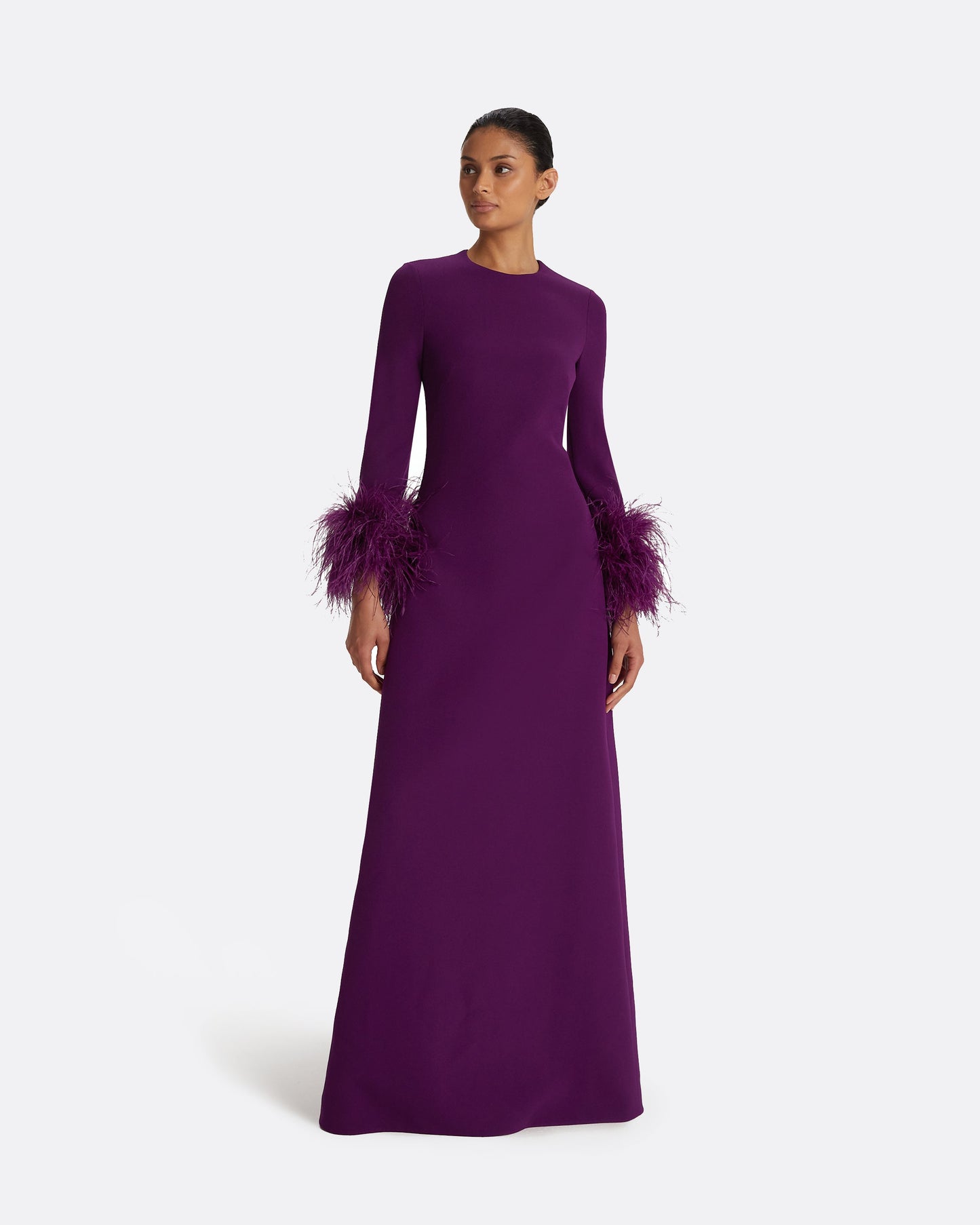 Renalla Currant Feather-Trimmed Long Dress