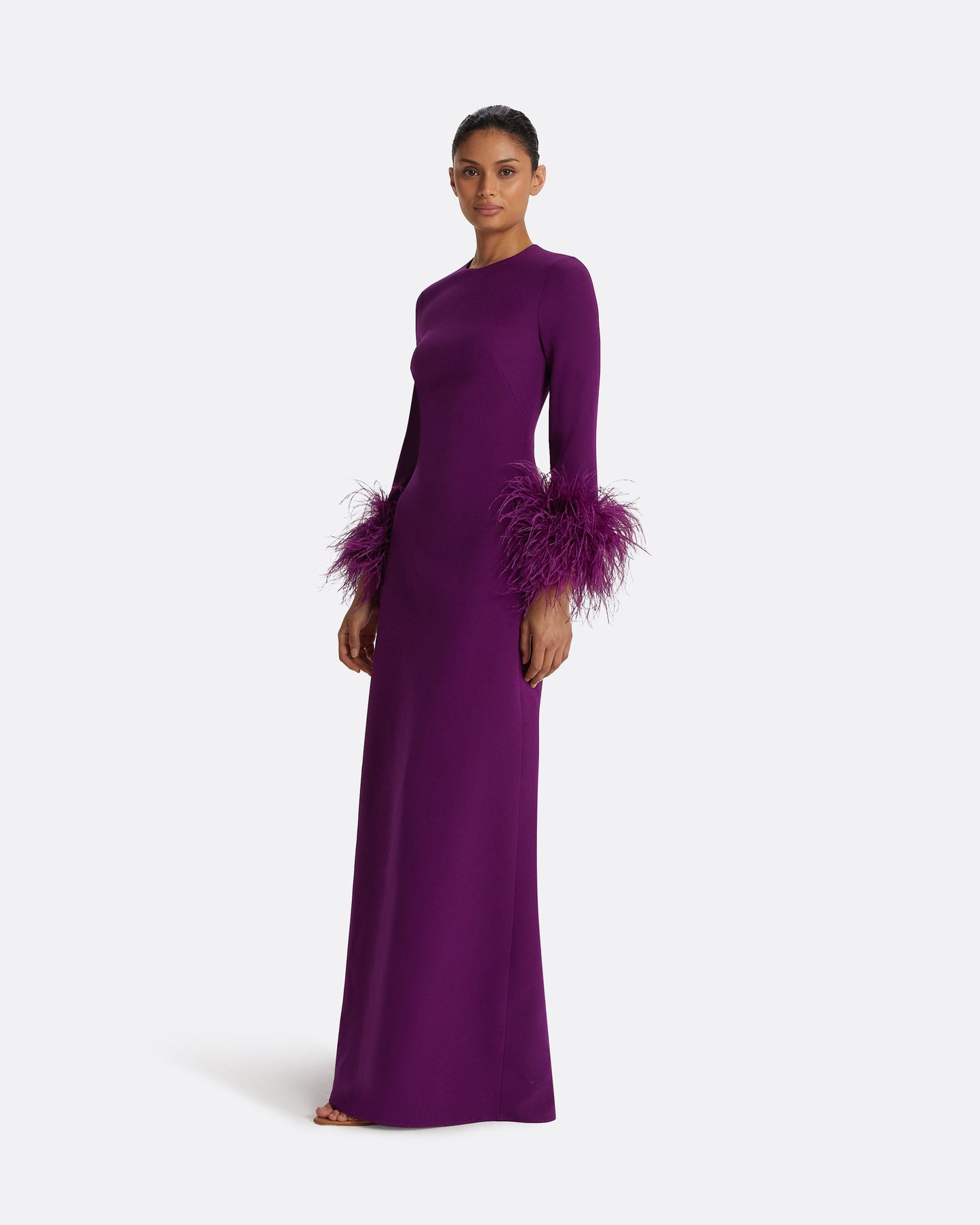 Renalla Currant Feather-Trimmed Long Dress