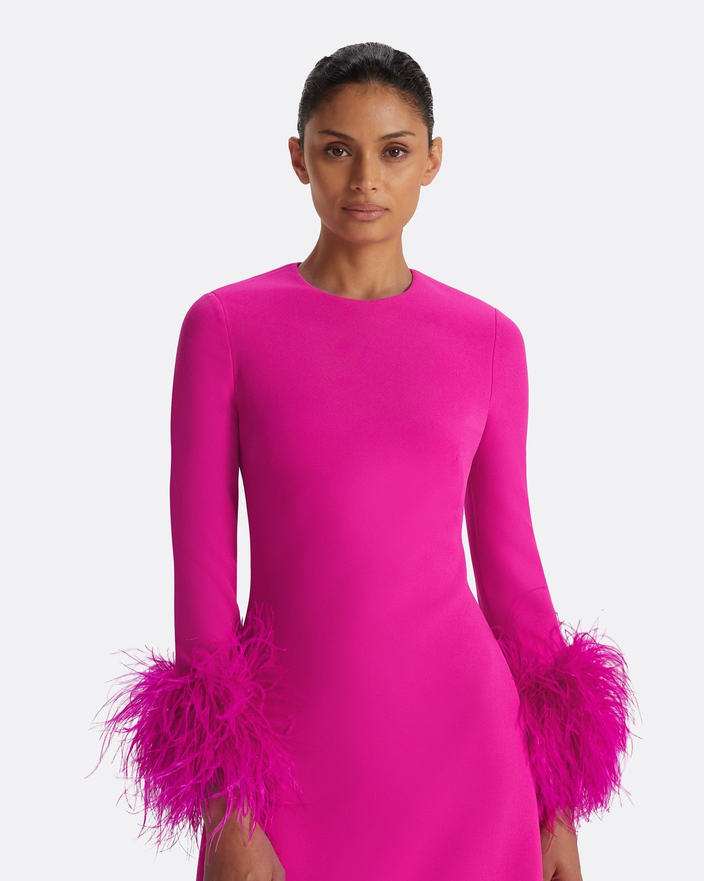 Renalla Wild Strawberry Feather-Trimmed Long Dress