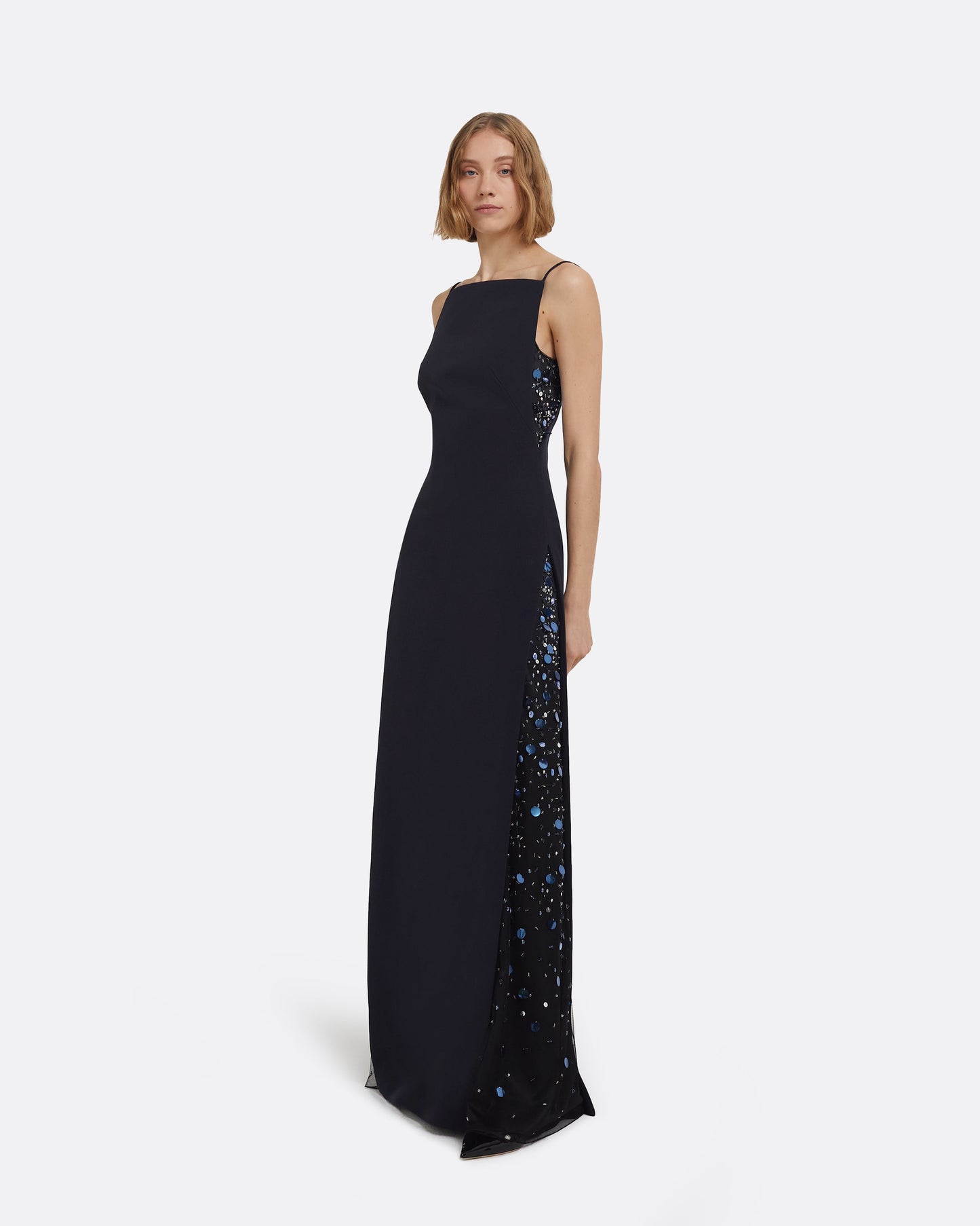 Leah Long Dress in Midnight Navy with Multi-Blues Embellishments