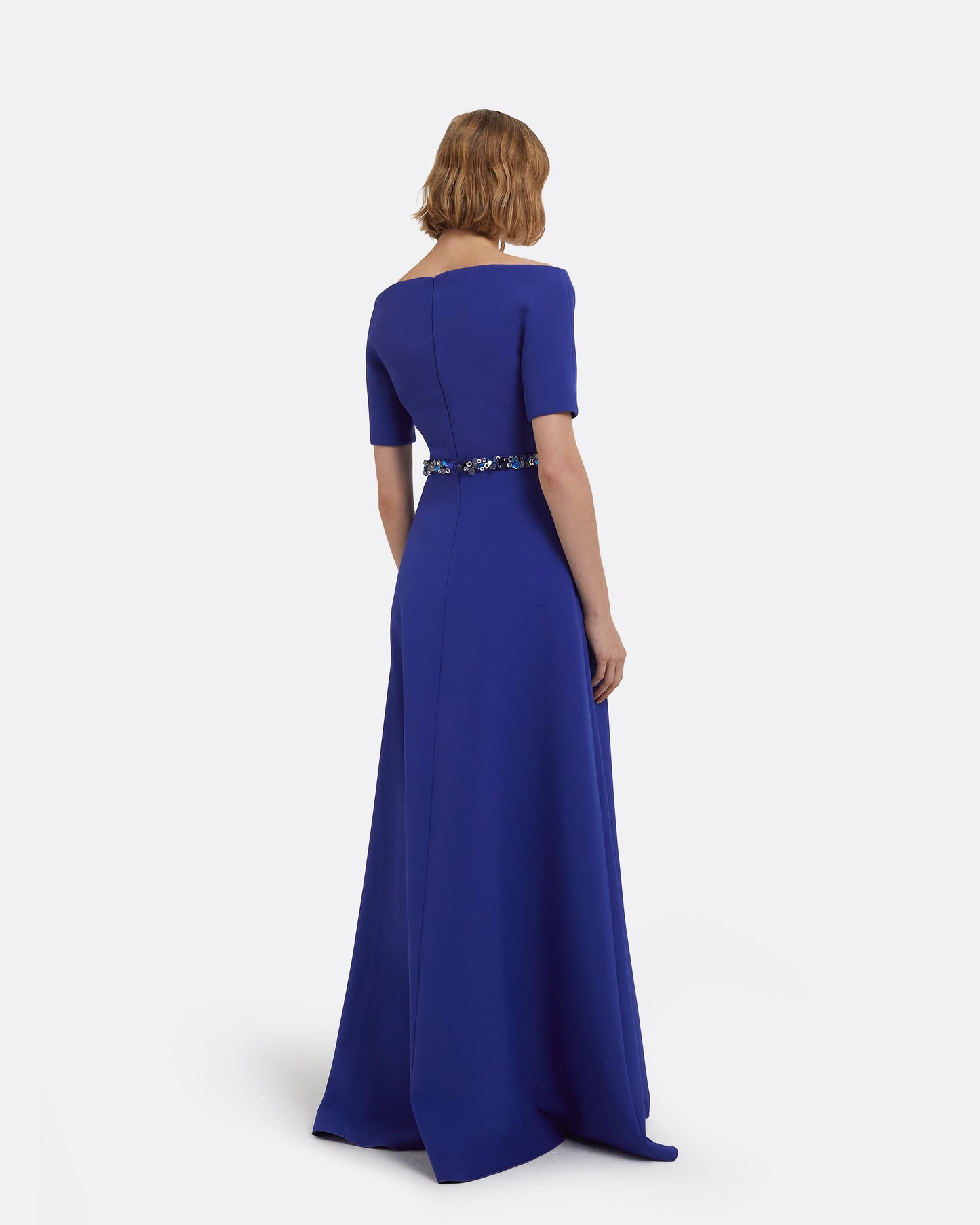 Lydia Long Dress in Skiathos Blue with Multi-Blues Belt