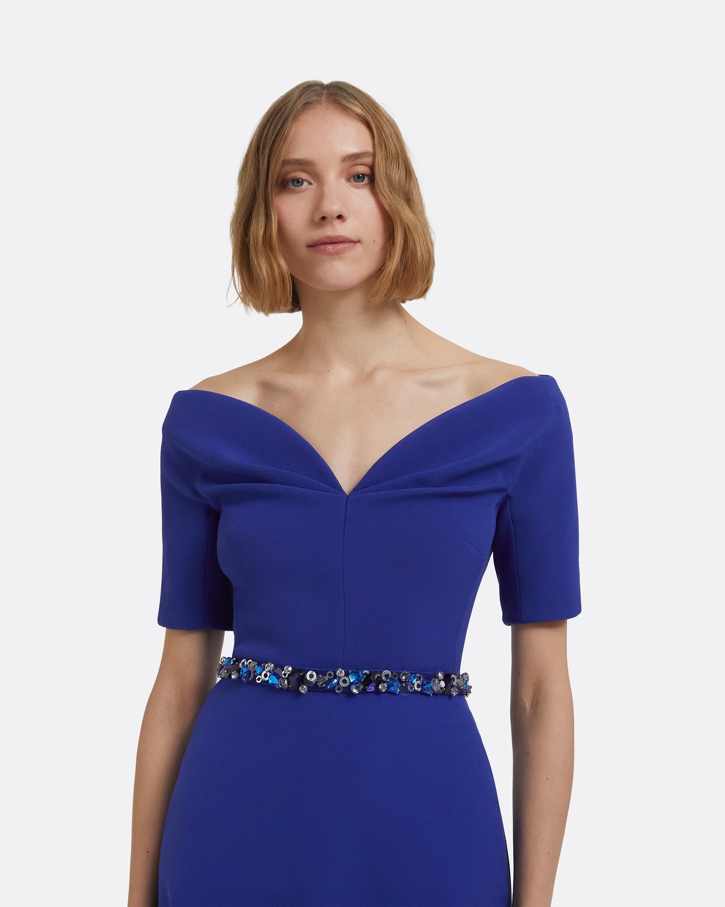 Lydia Long Dress in Skiathos Blue with Multi-Blues Belt
