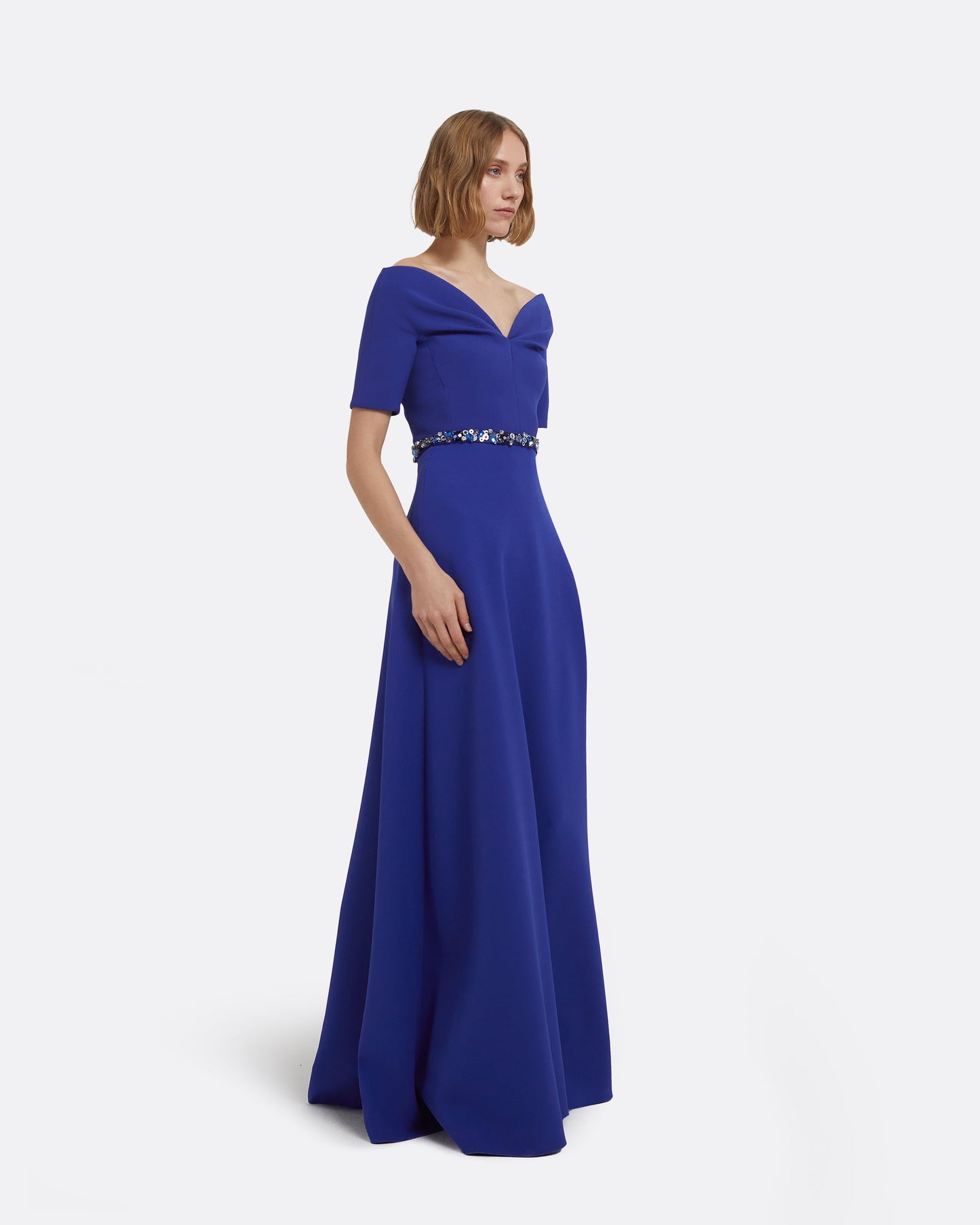 Lydia Long Dress in Skiathos Blue with Multi-Blues Belt