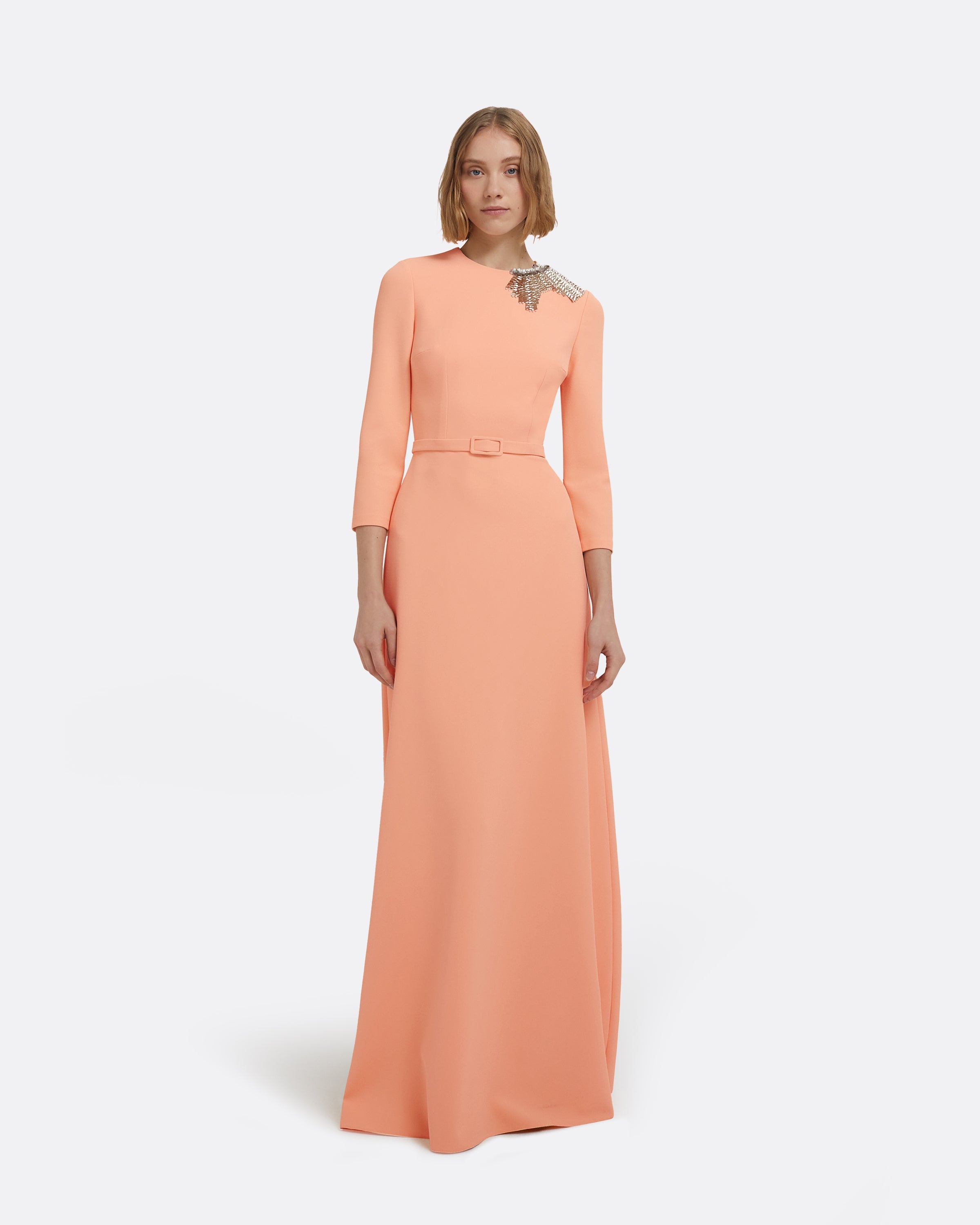 Aspen Long Dress in Apricot With Gunmetal Embellishment Maison Safiyaa USA Aspen Long Dress in Apricot With Gunmetal Embellishment Maison Safiyaa USA