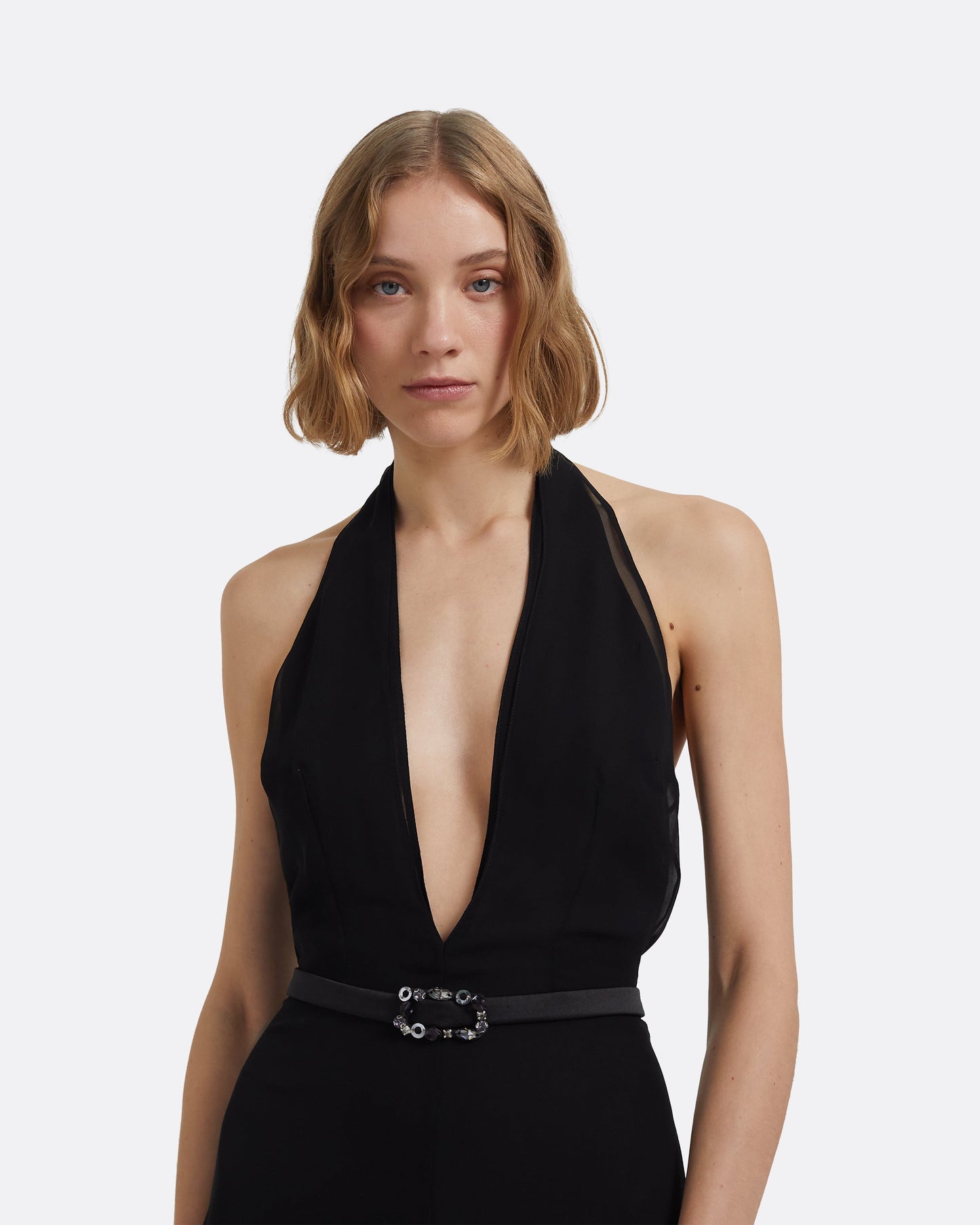 Morgana Long Dress in Black with Embellished Belt