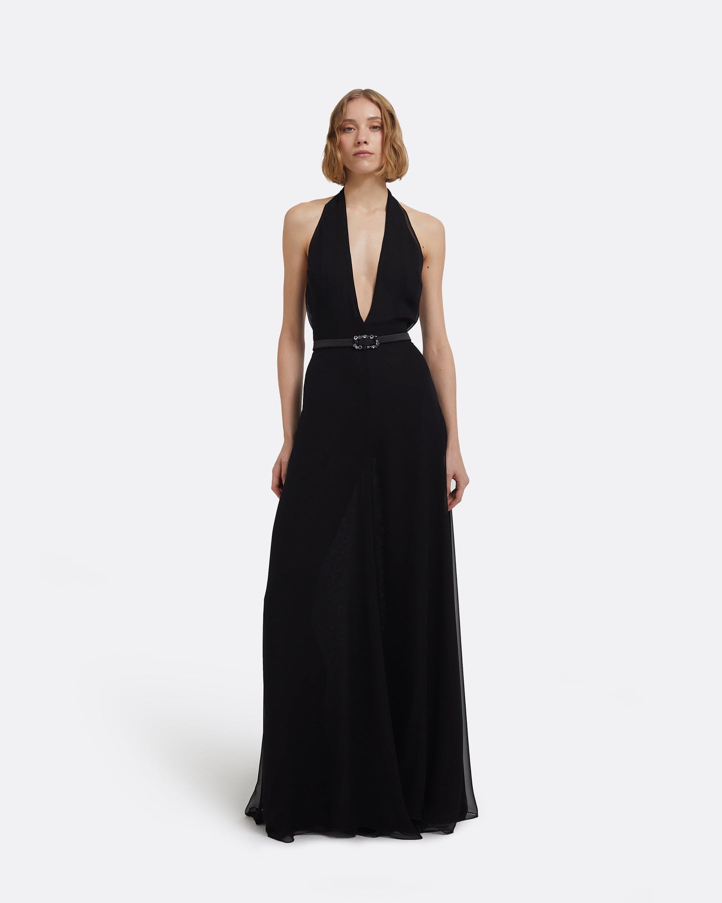 Morgana Long Dress in Black with Embellished Belt