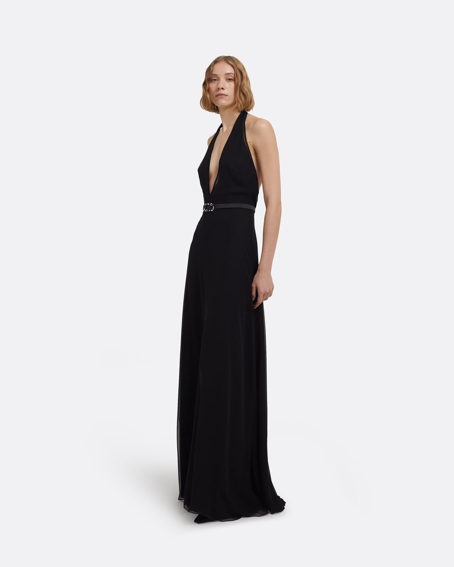 Morgana Long Dress in Black with Embellished Belt