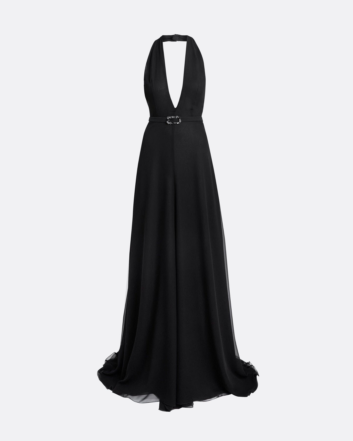Morgana Long Dress in Black with Embellished Belt