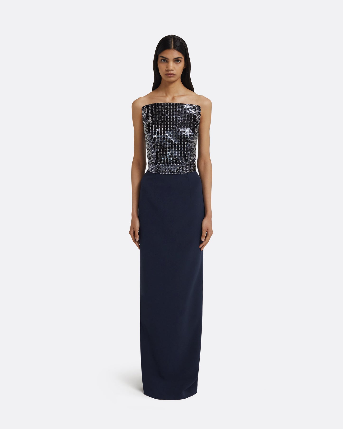 Amory Long Dress in Navy & Silver on Maritime Blue