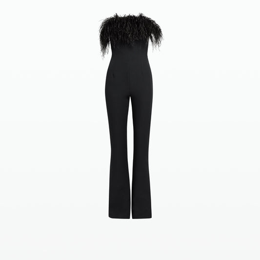 Myrine Black Feather-trimmed Jumpsuit