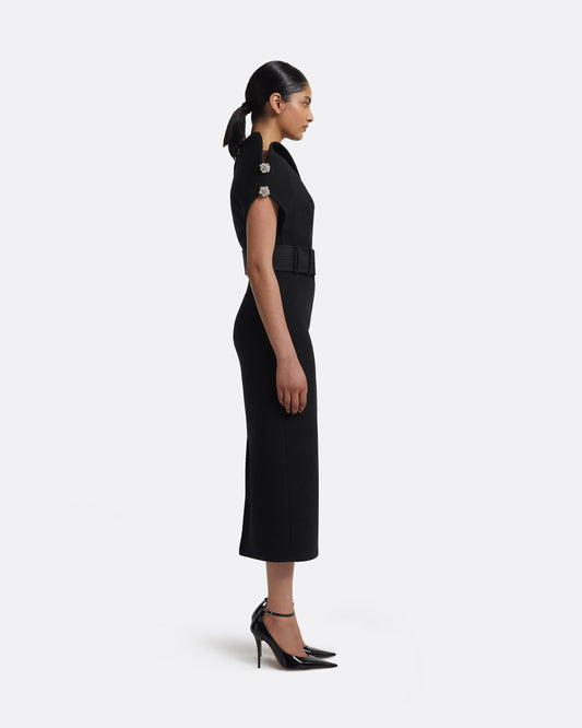 Reina Dress in Black with Crystal and Belt