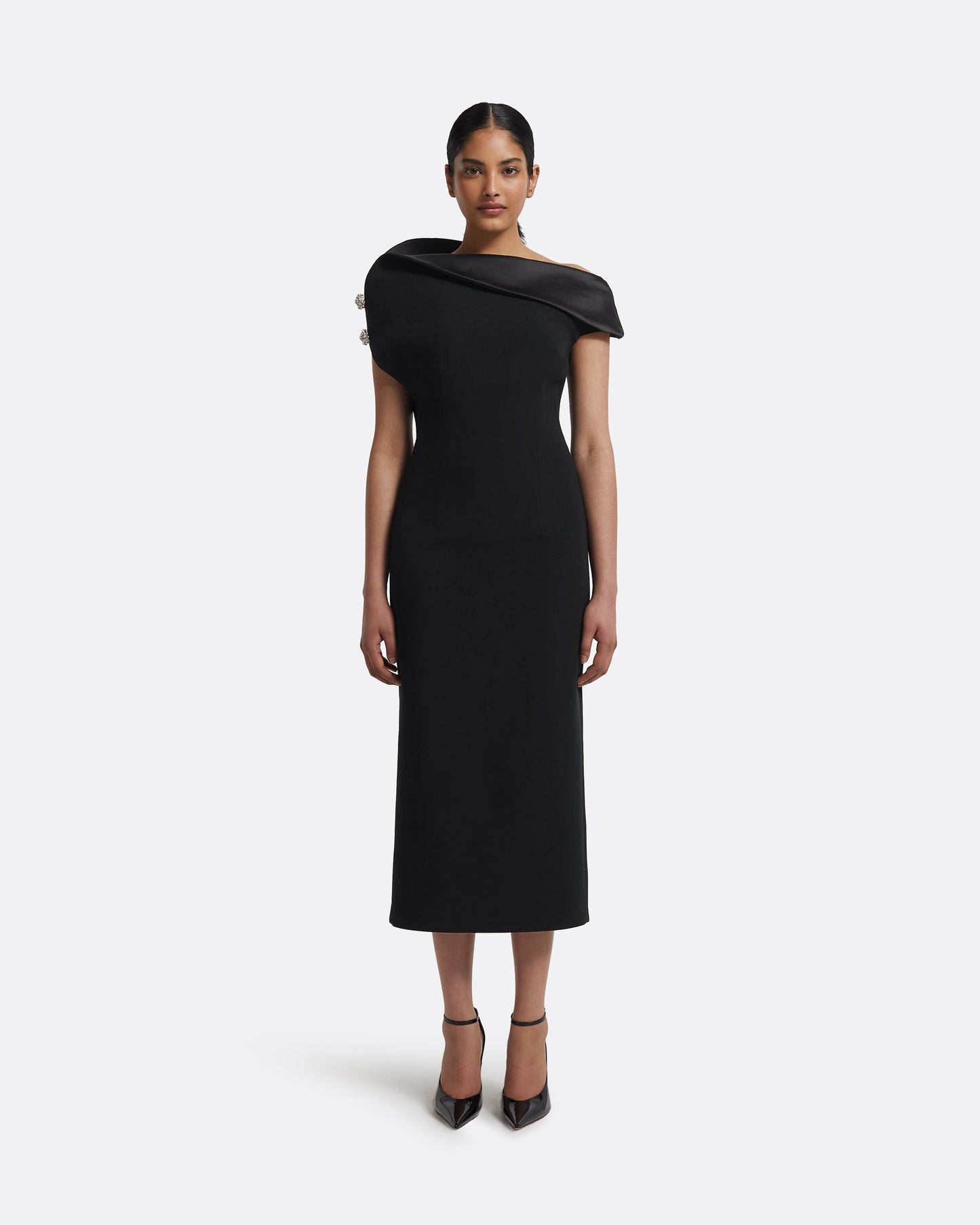 Reina Midi Dress in Black with Crystal Maison Safiyaa USA Reina Midi Dress in Black with Crystal Maison Safiyaa USA