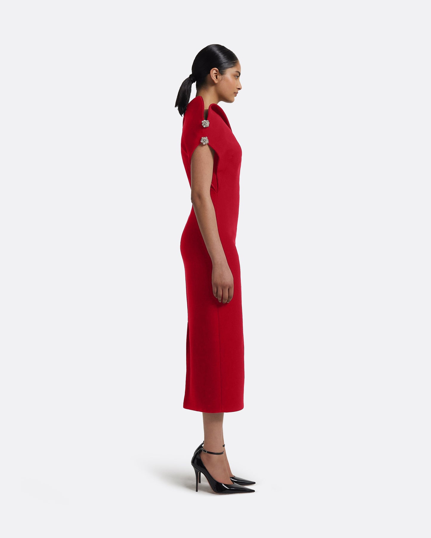 Reina Midi Dress in Crimson with Crystal