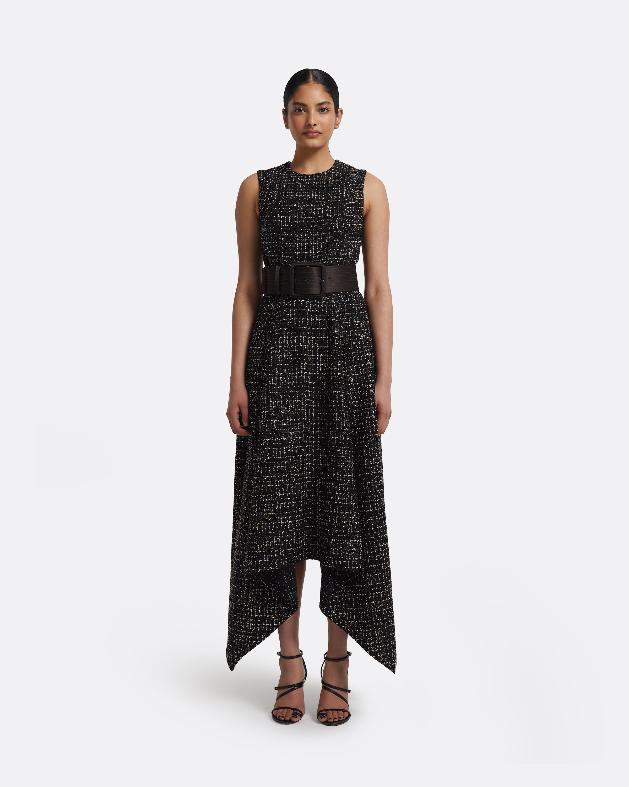 Okimi Dress in Peat Brown On Black & Gold