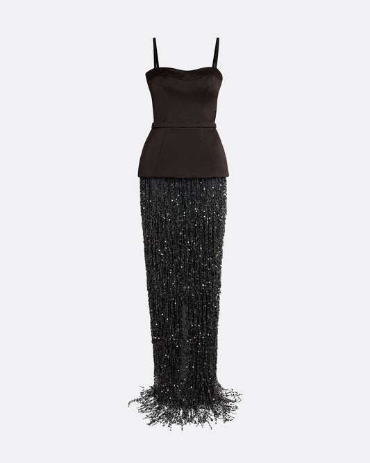 Saori Long Dress in Peat Brown On Black