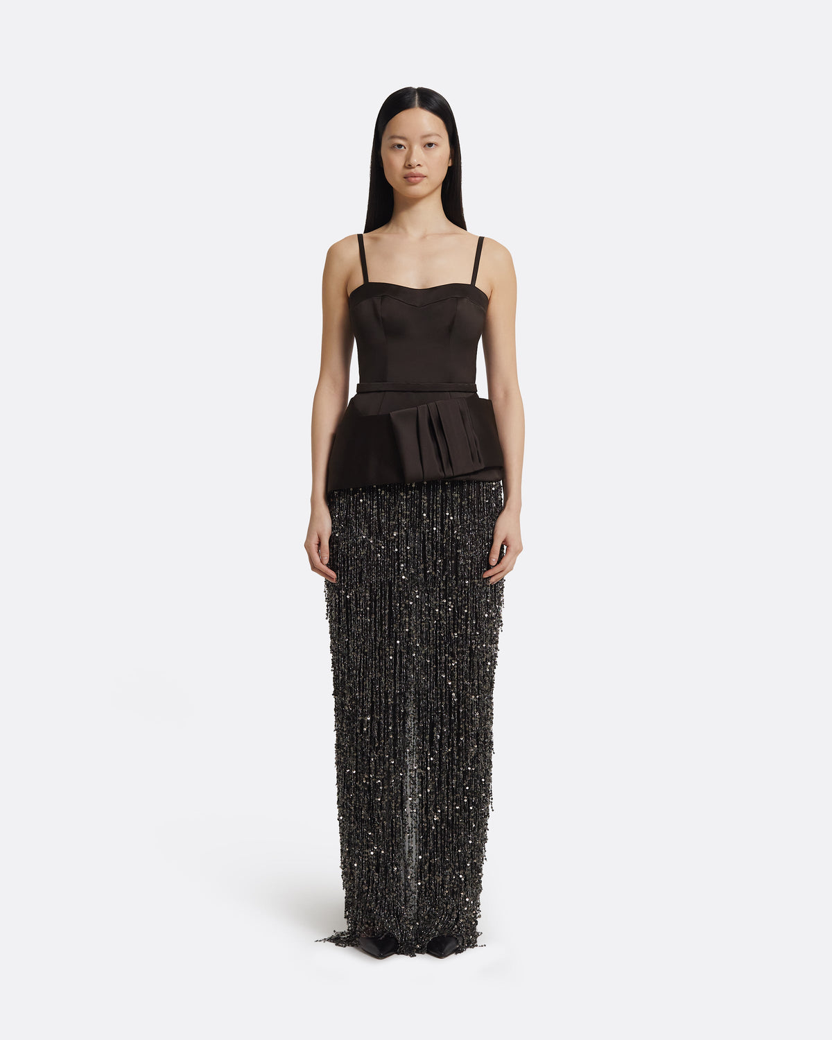 Sorai Long Dress in Peat Brown on Black