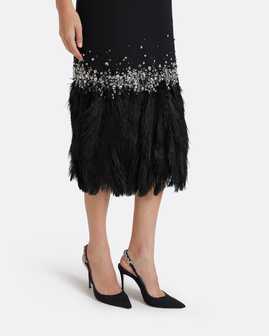 Ripa Midi Dress in Black with Feathers