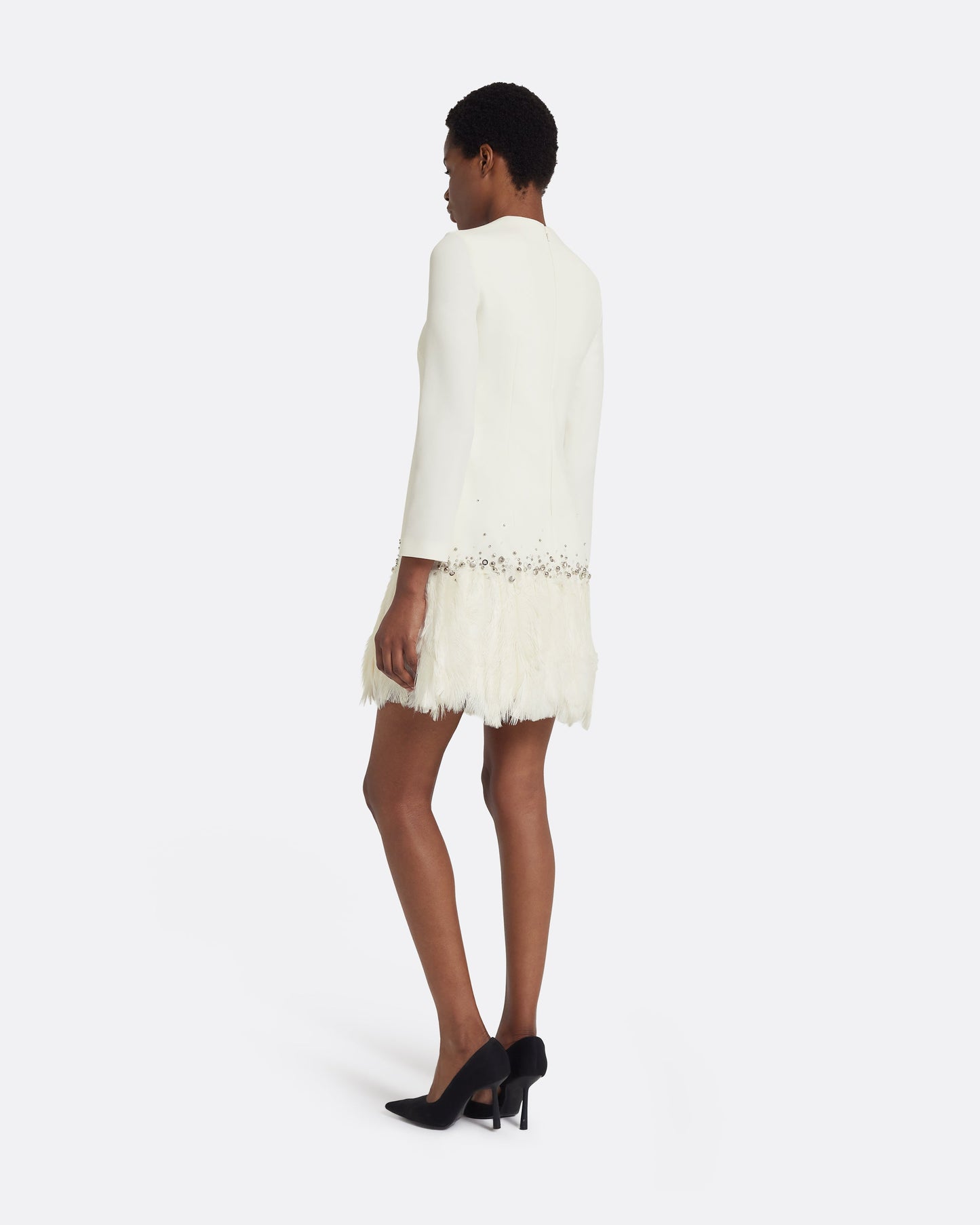 Reffie Short Dress in Ivory with Feathers