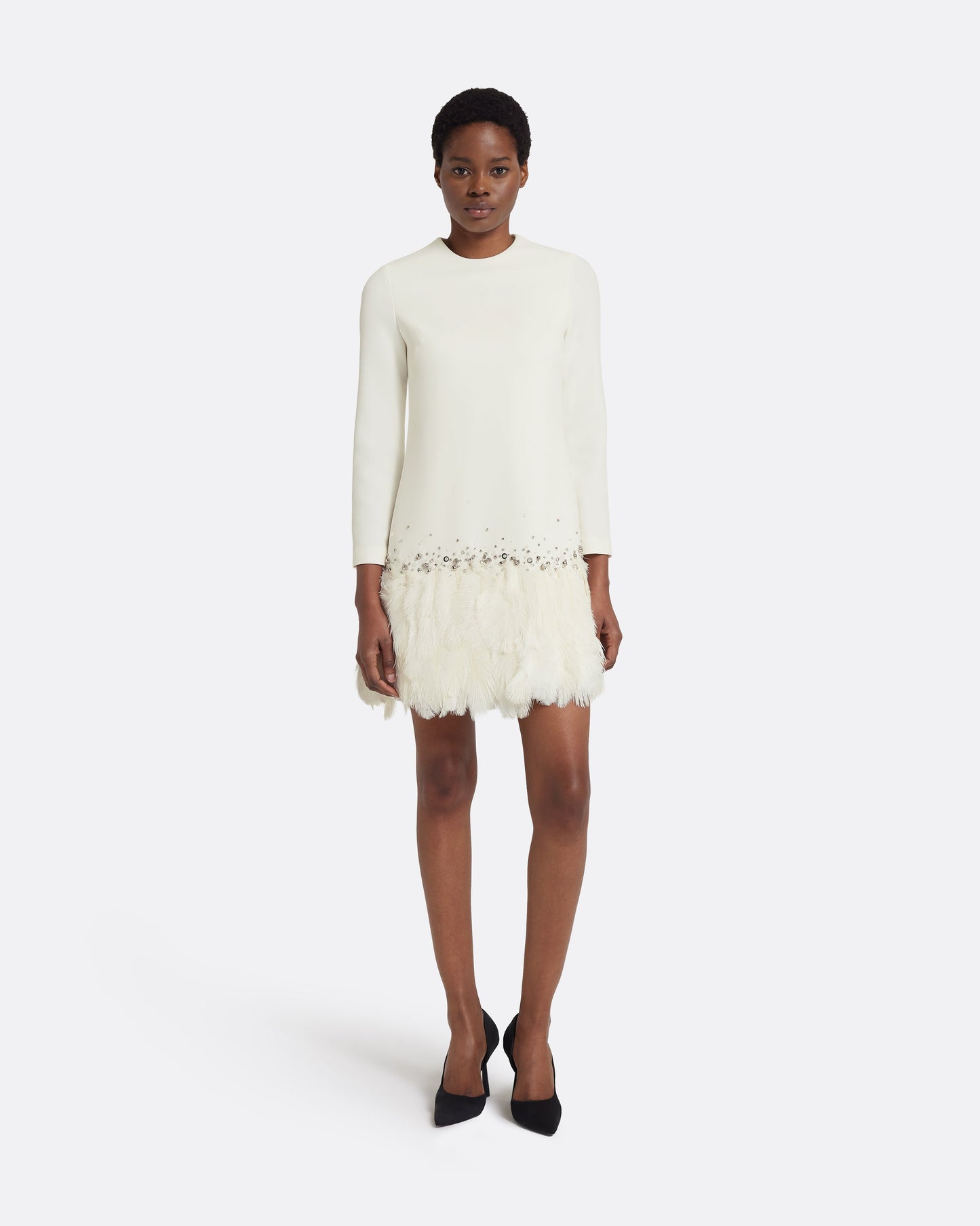 Reffie Short Dress in Ivory with Feathers