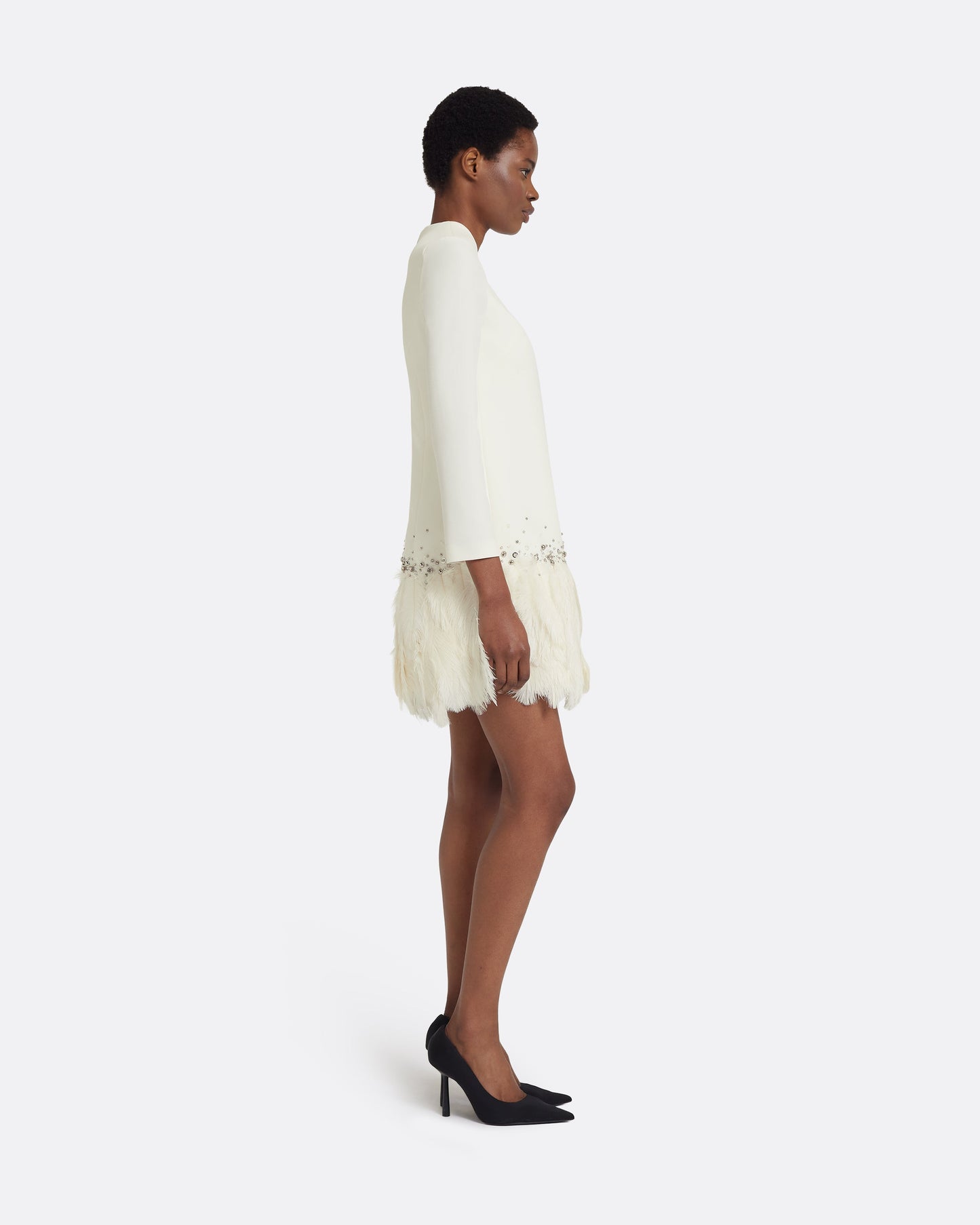 Reffie Short Dress in Ivory with Feathers