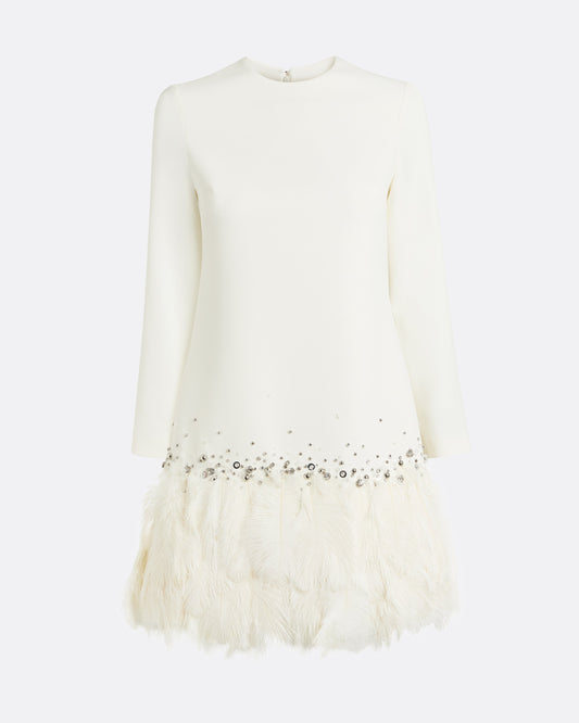 Reffie Short Dress in Ivory with Feathers
