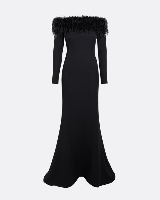 Swoosie Long Dress in Black with Fur