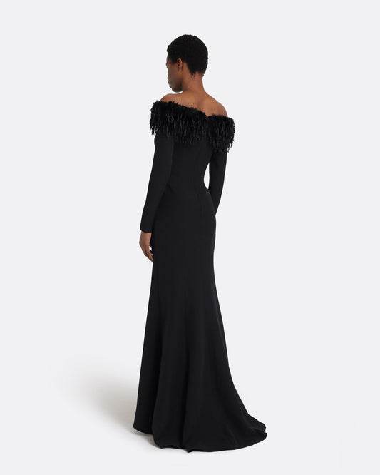 Swoosie Long Dress in Black with Fur