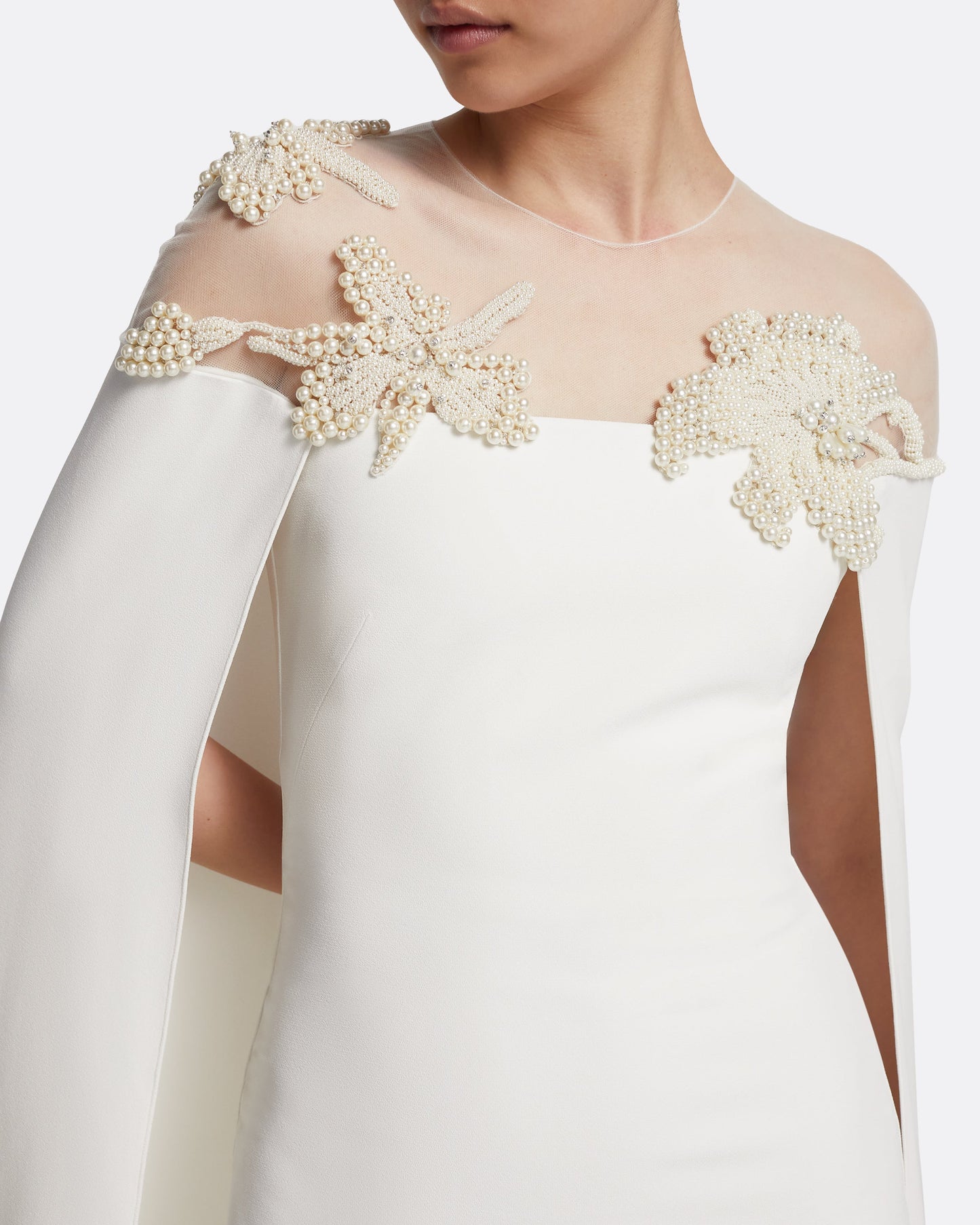 Ambere Long Dress in Ivory with Pearl Embroidery