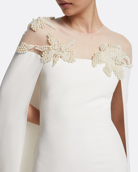 Ambere Long Dress in Ivory with Pearl Embroidery