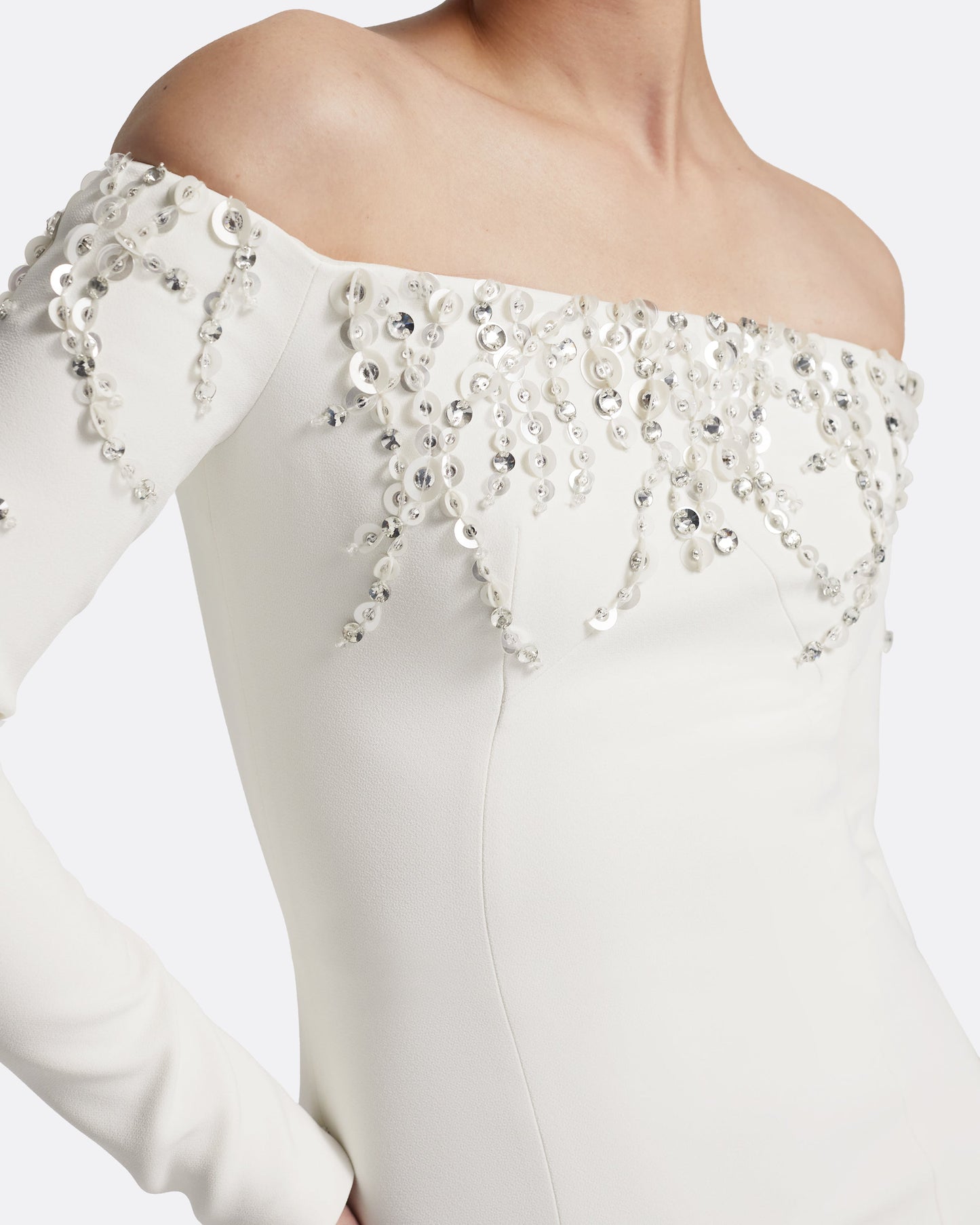 Gioia Long Dress in Ivory with Crystal Embroidery