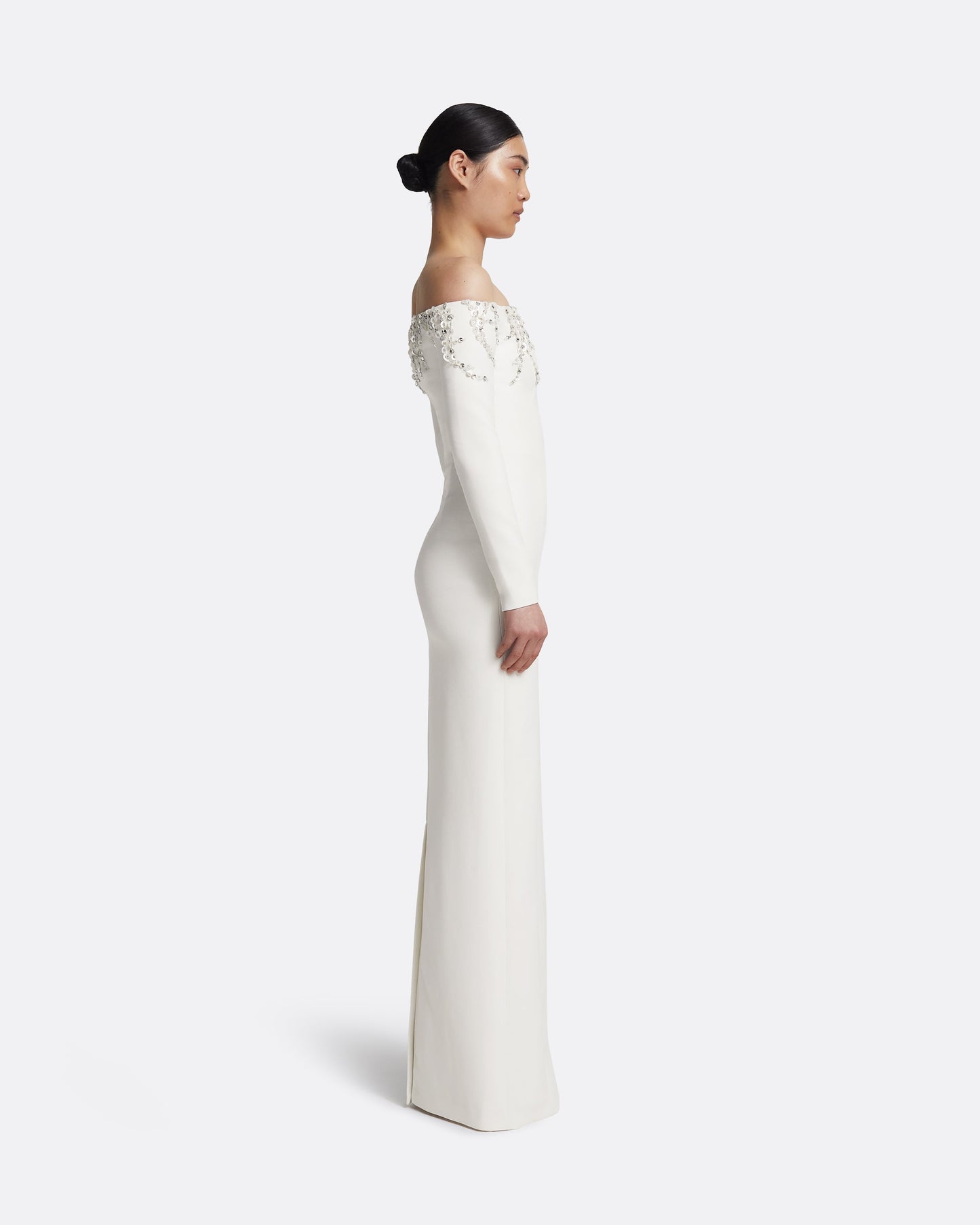 Gioia Long Dress in Ivory with Crystal Embroidery