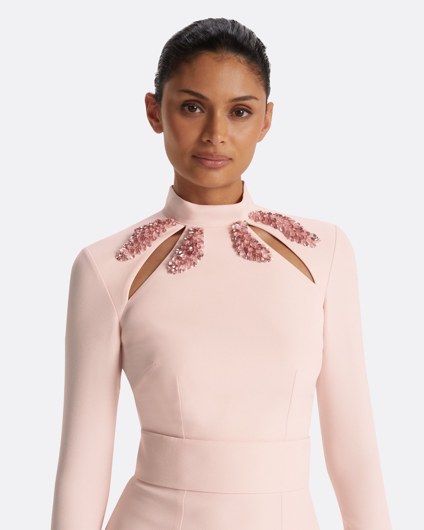Kamala Pale Pink & Curled Leaf Embroidery Long Dress