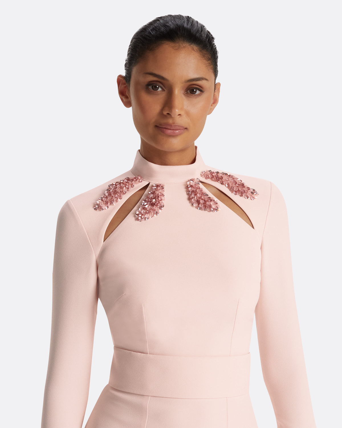 Kamala Pale Pink & Curled Leaf Embroidery Long Dress