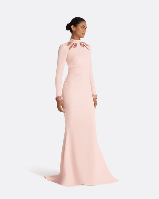 Kamala Pale Pink & Curled Leaf Embroidery Long Dress