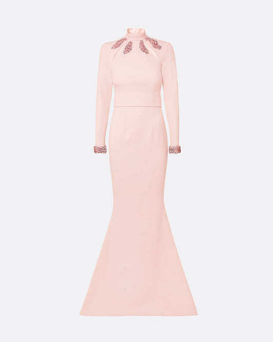 Kamala Pale Pink & Curled Leaf Embroidery Long Dress