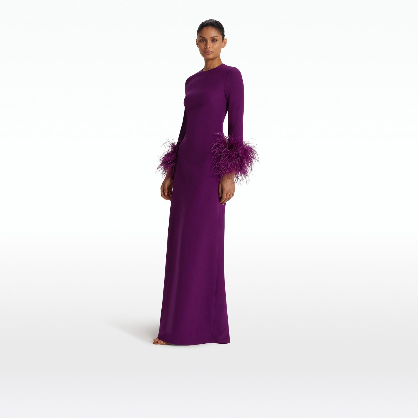 Renalla Currant Feather-Trimmed Long Dress