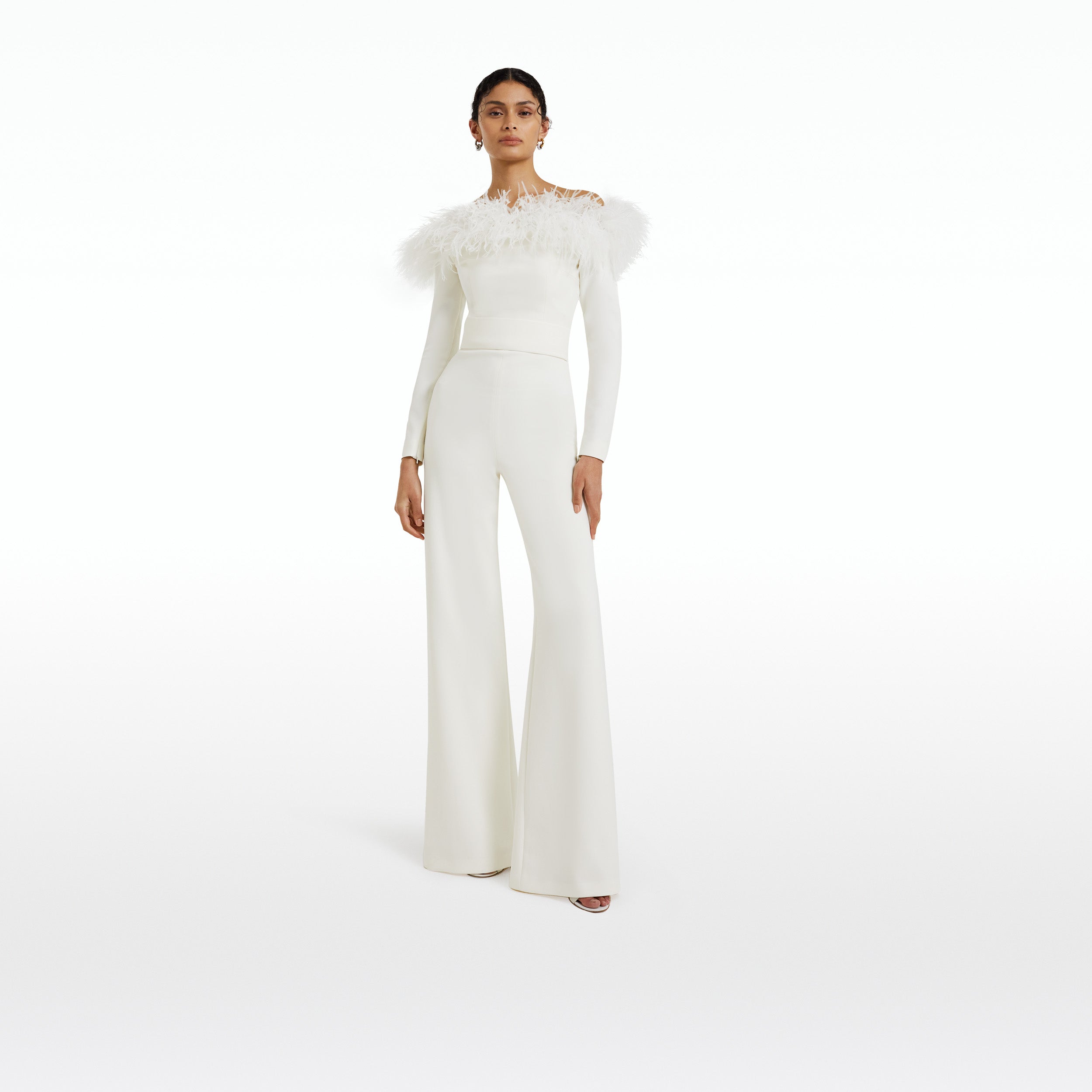 Veasna Ivory Feather-Trimmed Jumpsuit