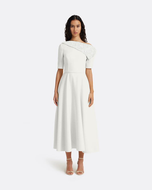 Melinda Midi Dress in Ivory with Pearl