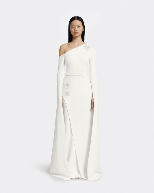 Rinna Long Dress in Ivory with Pearl