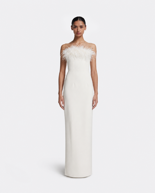 Azrael Long Dress in Ivory with Feathers