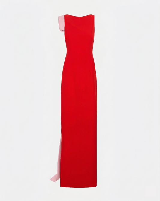 Celestia Long Dress in Cherry Red & Pale Pink